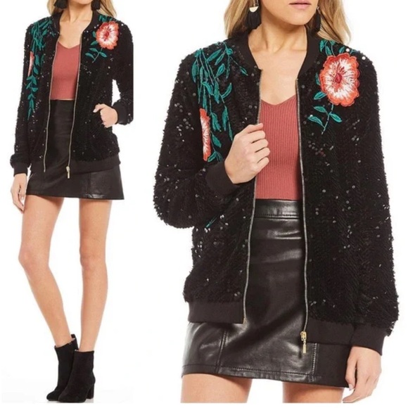 Gianni Bini Black Sequin Vintage Exclusive Bomber Jacket with Floral Embroidery - Picture 3 of 13
